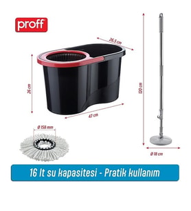 turbo Star Black Microfiber Döner Başlıklı Temizlik Seti Büyük Boy Mop 13 Lt. (Kırmızı-Siyah)