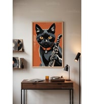 Kedi ve Müzik 1. Kalite Ahşap Çerçeveli Tablo