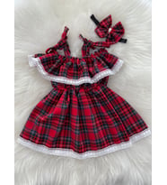 Moda Lina Kız Bebek Kırmızı Ekose Elbise Bandana Set
