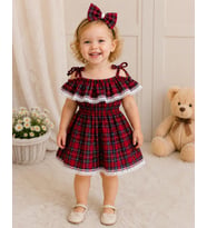 Moda Lina Kız Bebek Kırmızı Ekose Elbise Bandana Set