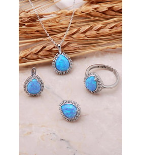 Opal Taşlı  Damla Gümüş Üçlü Set 2418 (Mavi)