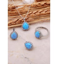 Opal Taşlı  Damla Gümüş Üçlü Set 2418 (Mavi)