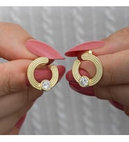 Gümüş Gold Tektaş Halka Kadın Çivili Küpe