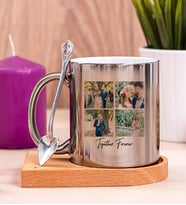 Kişiye Özel Dört Fotoğraflı Kupa Bardak Ahşap Altlıklı Silver Kupa Bardak