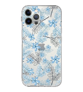Apple iPhone 12 Pro MaxKamera Korumalı Tıpalı Kapak Floral Mavi Tasarımlı Şeffaf Kılıf