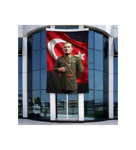 Askeri Üniformalı Başkomutan Mustafa Kemal Atatütk ve Türk Bayrağı Poster Bayrak Raşel Kumal 4x6 metre ATA82