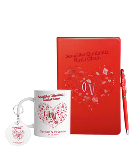 Sevgililer Gününe Özel Kırmızı Defter Kalem Kupa & Süblimasyon Anahtarlık Hediye Seti 11