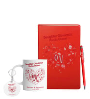 Sevgililer Gününe Özel Kırmızı Defter Kalem Kupa & Süblimasyon Anahtarlık Hediye Seti 11