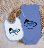 BK Kids Kişiye Özel İsimli Mavi %100 Pamuklu Askılı Sıfır Kol Bebek Body Zıbın ve Mama Önlüğü Hediye Seti-6
