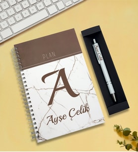 Kişiye Özel Telli Defter & Kalem Hediye Seti (Beyaz - Kahverengi)