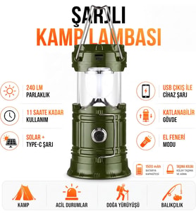 3 Fonksiyonlu Şarjlı Solarlı Kamp Lambası El Feneri Powerbank Özellikli Taşıma Kulplu Haki 5800T