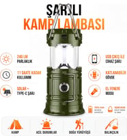 3 Fonksiyonlu Şarjlı Solarlı Kamp Lambası El Feneri Powerbank Özellikli Taşıma Kulplu Haki 5800T