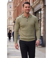 DeepSEA Erkek Slim Fit Tüylenmeyen Çizgi Dokulu Beyaz Triko Kazak – Fermuarlı Polo Yaka 2700401