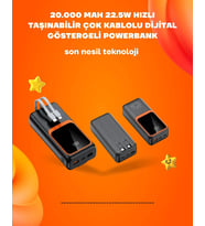 Powerbank 20000 Mah 22.5w Hızlı Şarj, Dahili Kablolu, Lcd Ekranlı Şarj Cihazı