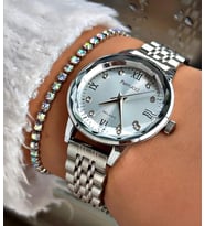 Ferrucci Kristal Efektli Şık Kadran Kadın Kol Saati+Bileklik Hediyeli (Gümüş)