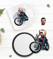 BK Gift Kişiye Özel Erkek Motorcu Karikatürlü Beyaz Kupa ve Ahşap Bardak Altlığı Hediye Seti-5