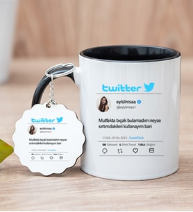 Kişiye Özel Twitter Tasarım Fotoğraflı Siyah Kupa Bardak ve Anahtarlık