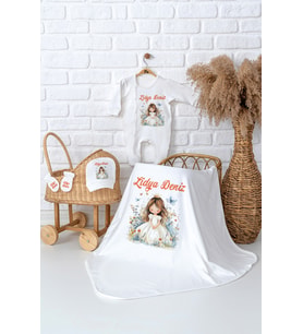Pia Baby Premium  %100 Pamuk İsme Özel Kız Bebek Battaniye Tulum Hastane Çıkışı Hediye Seti 50077-05 (Ekru)