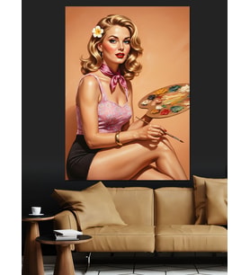 Sarışın Retro Ressam Kadın Dekoratif Kanvas - Mdf Ahşap Tablo