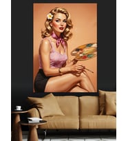 Sarışın Retro Ressam Kadın Dekoratif Kanvas - Mdf Ahşap Tablo