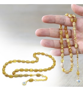 Ateş Kehribar Tesbih - Gold Metal Nazar Boncuğu Püsküllü - Hareli Sarı Renk - Özel Kesim