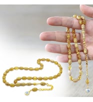 Ateş Kehribar Tesbih - Gold Metal Nazar Boncuğu Püsküllü - Hareli Sarı Renk - Özel Kesim