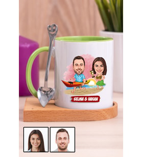 Sevgiliye Hediye Yaz Temalı Karikatürlü Ahşap Altlıklı Yeşil Kupa Bardak