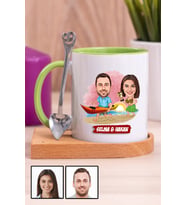 Sevgiliye Hediye Yaz Temalı Karikatürlü Ahşap Altlıklı Yeşil Kupa Bardak