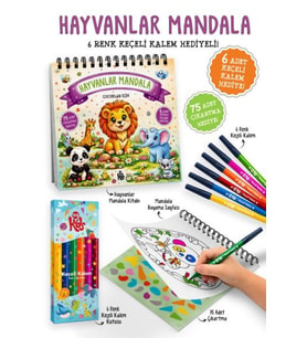 Hayvanlar Mandala - 6 Renk Keçeli Kalem ve 75 Adet Çıkartma Hediyeli 3+
