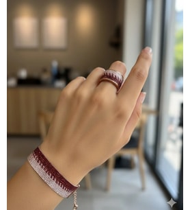 El Yapımı Bordo Geometrik Miyuki Boncuk Yüzük ve Bileklik Takımı (Rose Gold Detaylı)