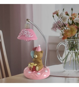 Happy Birthday 3D Ayıcık Tasarım Masa Lambası (Pembe)