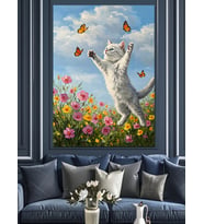 Kedi Kelebekler Doğa Manzarası Dekoratif Kanvas - Mdf Ahşap Tablo