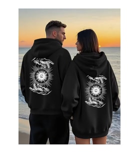 Sevgili Çift Kombini Güneş ve El Desenli Hoodie Kapüşonlu Sweatshirt 2li Set Takım 3 İplik Pamuk (Siyah)