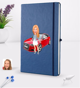 BK Gift Kişiye Özel Plakalı Kadın Audi A3 Karikatürlü Lacivert Termo Deri Defter 16x24cm Model 1