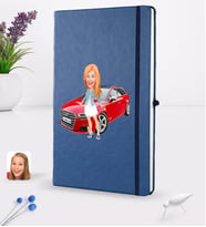 BK Gift Kişiye Özel Plakalı Kadın Audi A3 Karikatürlü Lacivert Termo Deri Defter 16x24cm Model 1
