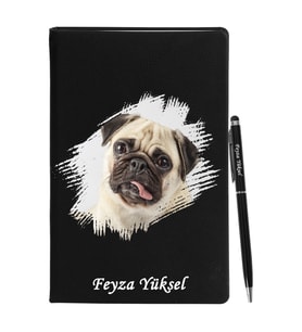 Kişiye Özel Köpek Tasarımlı Siyah Defter Kalem Hediye Seti
