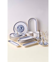 Perotti French 37 Parça Altın Yaldızlı Kahvaltılık Seti Çay Seti 6 Kişilik Stackable Kahvaltı Çay Takımı (Beyaz-Mavi)