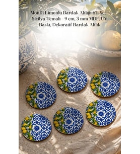 Motifli Limonlu Bardak Altlığı 6'lı Set – Sicilya Temalı - 9 cm, 3 mm MDF, UV Baskı, Dekoratif Bardak Altlık