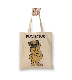 Puglicius Pug Köpek Beyaz Bez Çanta Uzun Saplı Alışveriş Çantası Plaj Çantası