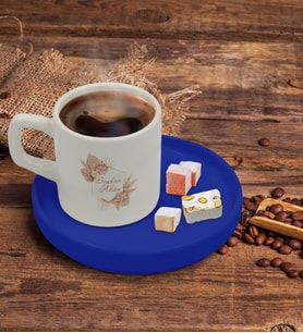 BK Gift Kişiye Özel Mavi Sunum Tabaklı Çiçek Tasarımlı Türk Kahvesi Fincanı Model 16
