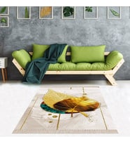 Gold Yaprak Desenli Dijital Baskı Yıkanabilir Kaymaz Taban Modern Salon Halısı Yolluk (Bej)