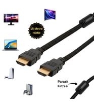 15 Metre Ekstra Koruma Hasır Örgülü Altın Uçlu Parazit Filtreli (Ferrit Çekirdek) HDMI Kablo