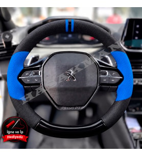 Peugeot Rifter Dikme Direksiyon Kılıfı Delikli Deri Parlak Siyah Mavi Detay Çift Yüzük ve Dikiş 2021-2024