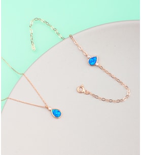 925 Ayar Gümüş Opal Taşlı Damla Kolye Bileklik Set