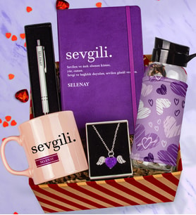 eJOYA Sevgiliye Özel "Sevgili" Tasarım Defter & Kalem & Matara & Kupa & Kristal Taşlı Melek Kanatları Kolye Hediye Kutusu 112801
