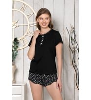 Kadın Kısa Kol Desenli Düğmeli Şortlu Kadın Pijama Takımı 455-Ş