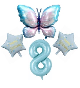 Mavi Kelebekli Happy Birthday 8 Yaş Folyo Balon Set