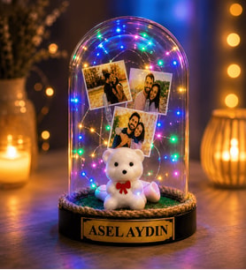 Kişiye Özel 3 Fotoğraflı Renkli LED Işıklı Beyaz Ayıcıklı Fanus Anlamlı Fotoğraflı ve Yazılı Hediye