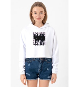 Blackpink Revolution Beyaz Optik Kadın Crop Kapşonlu (A.Beyaz)