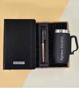 Kişiye Özel Siyah Termo Defter& Siyah Bardak Termos& Rose Gold/Siyah Roller Kalem Hediye Seti